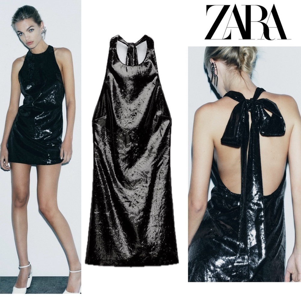 ZARA BLACK SHINY VELVET HALTER MINI DRESS OPEN BACK SPECIAL EDITION Sz M NWOT